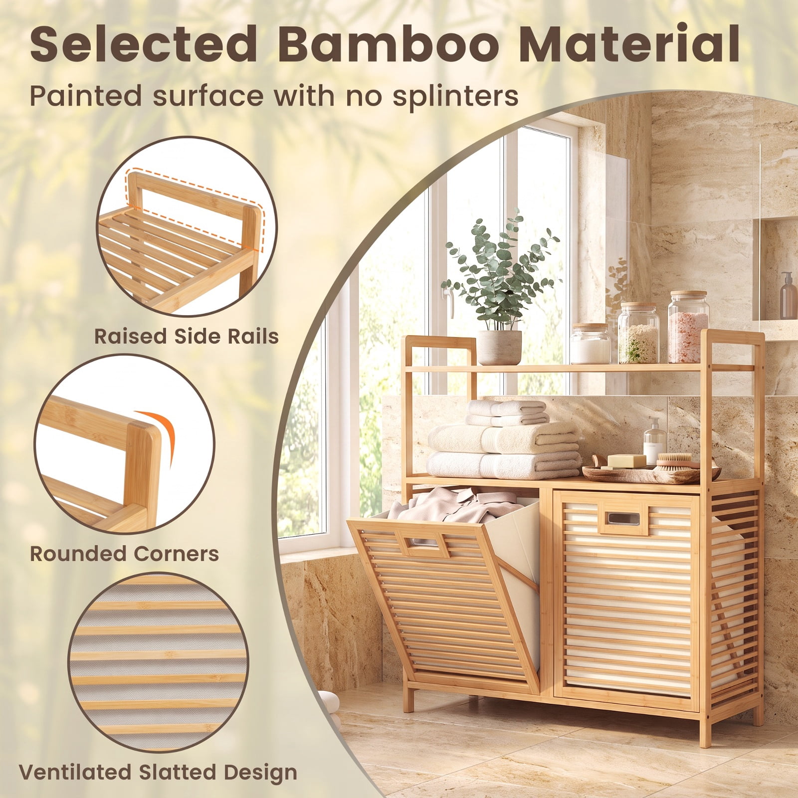 Vebreda Laundry Hamper with 2 Removable 7-Gallon Baskets, Double Tilt-Out Laundry Hamper Cabinet with 2 Open Shelves, Natural Bamboo