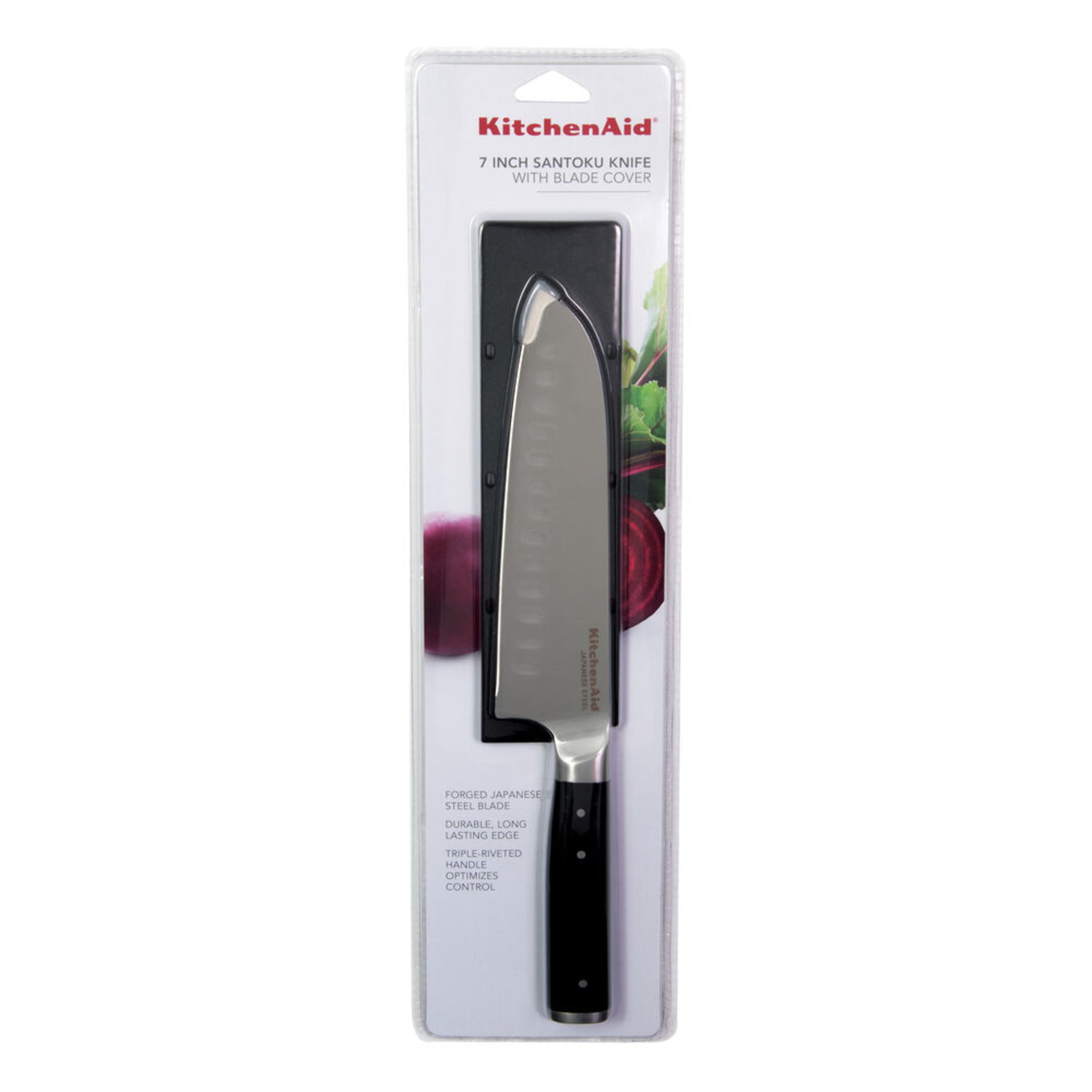 Kitchenaid Gourmet Forged Tripe-Rivet Santoku Knife with Blade Cover, 7-inch, Black