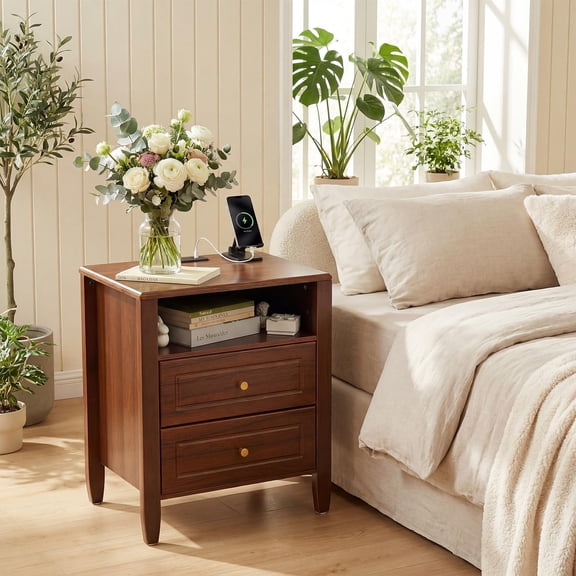 Nightstand with Charging Station, Modern Bedside Table with 2 Drawers & Open Storage Shelf, Side Table with Gold Knobs & Tapered Legs, Bedroom Night Cabinet for Bedroom Living Room, Brown