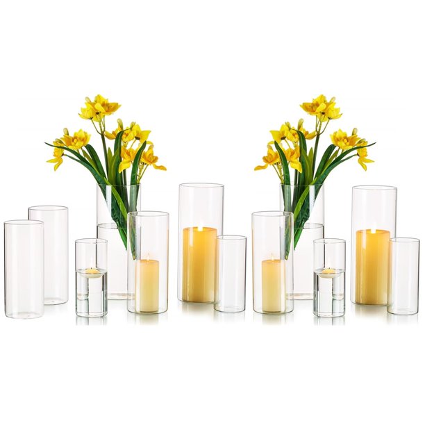 Glasseam Clear Glass Cylinder Hurricane Candle Holder Vase Set of 12 for Home Decor (6"+7.8"+ 10