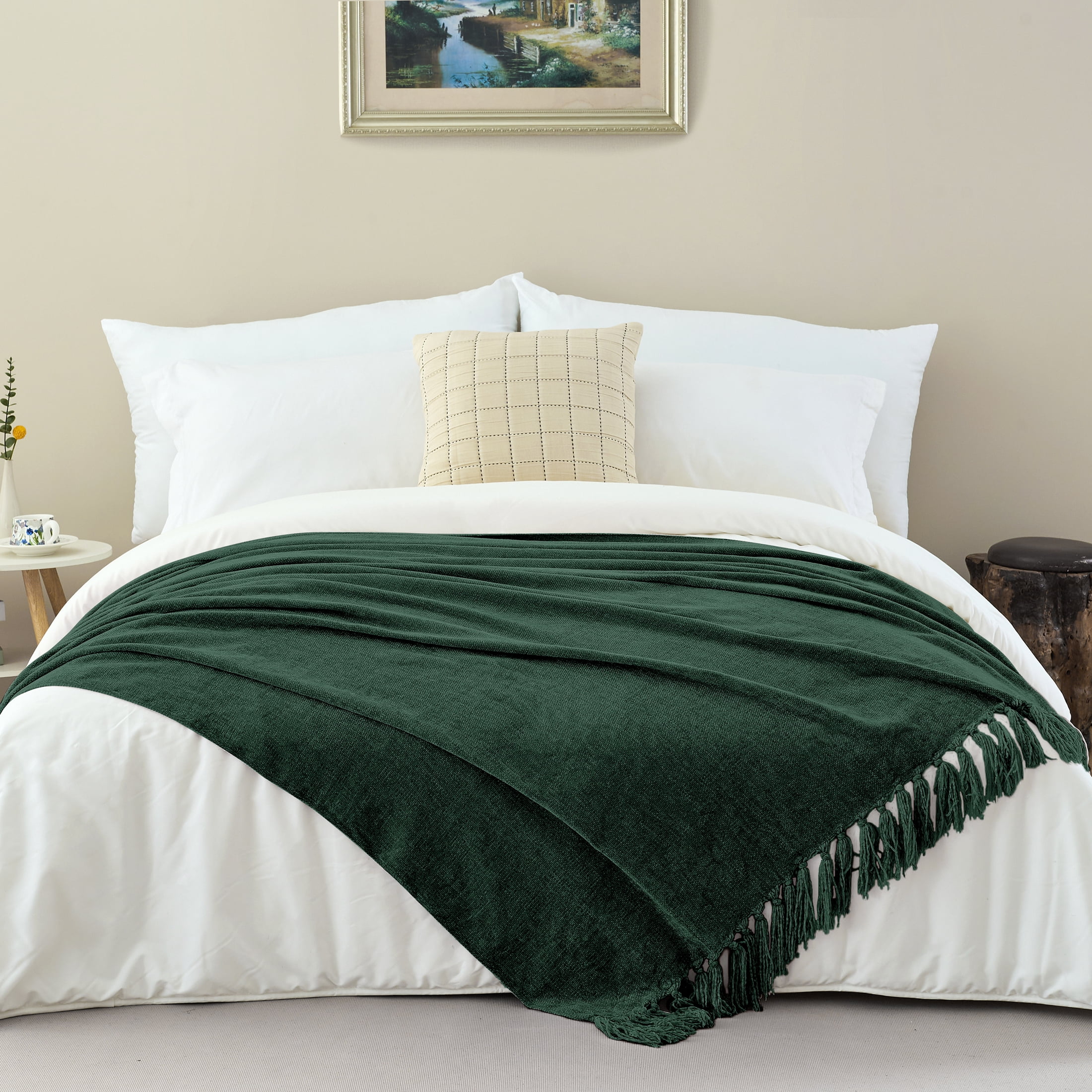 LONG CREATE Chenille Throw Blanket with Fringe Tassel for Couch Sofa Chair Bed, Dark Green 50" x 70"
