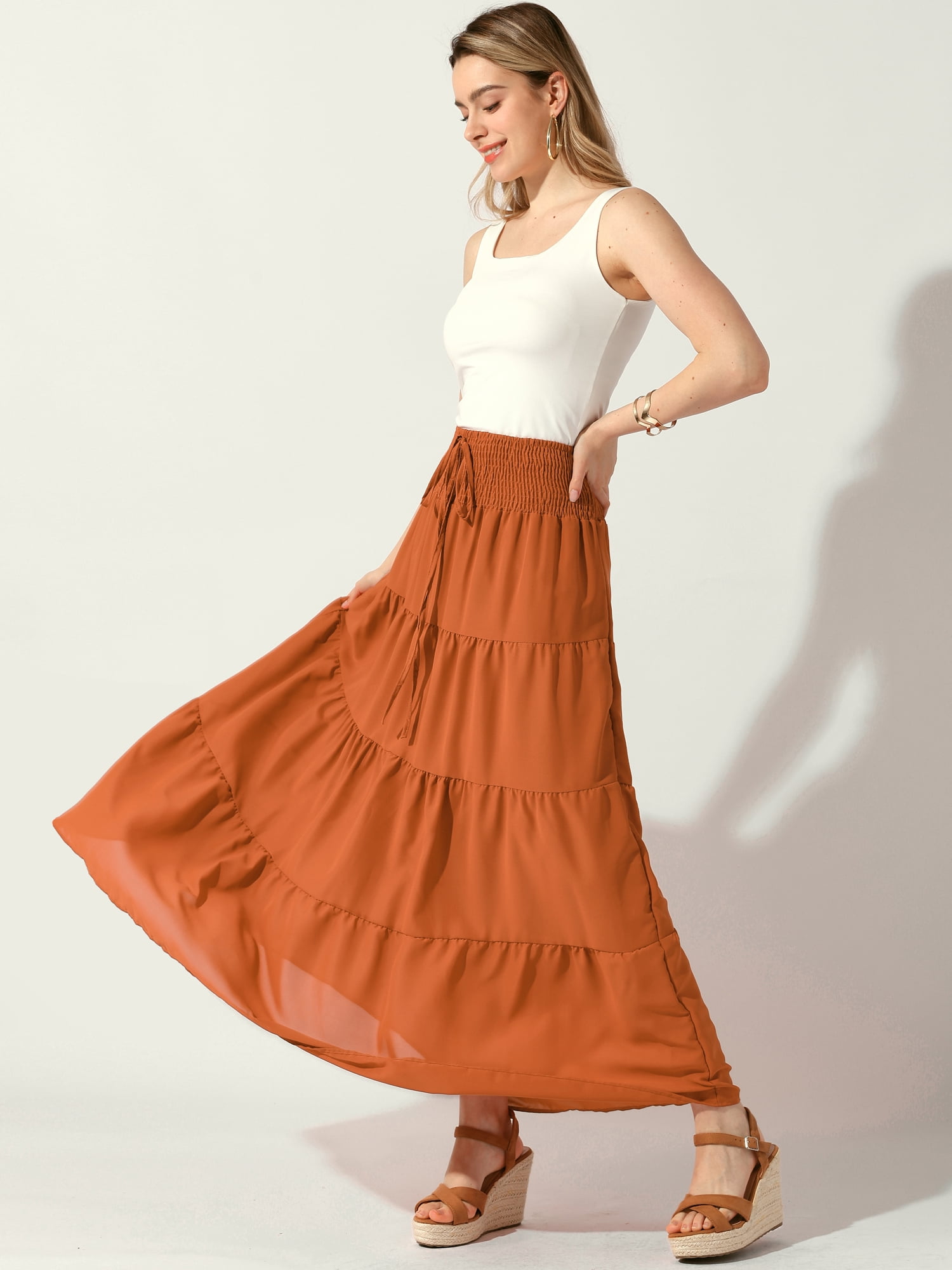 DARING DIVA Women Elastic Waist Tiered Smocked Flowy Maxi Skirt S Dark Orange