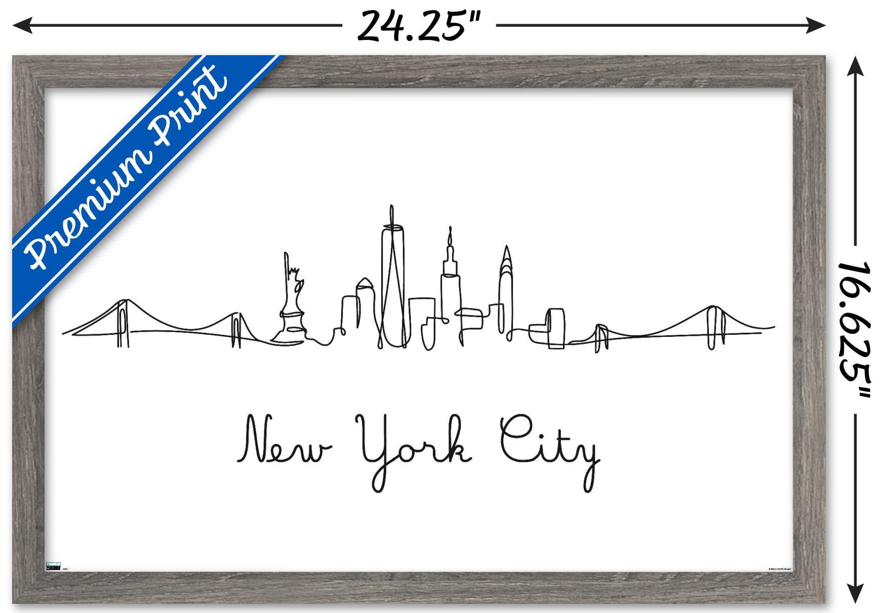 Line Art Skyline - New York City Wall Poster, 14.725" x 22.375", Framed