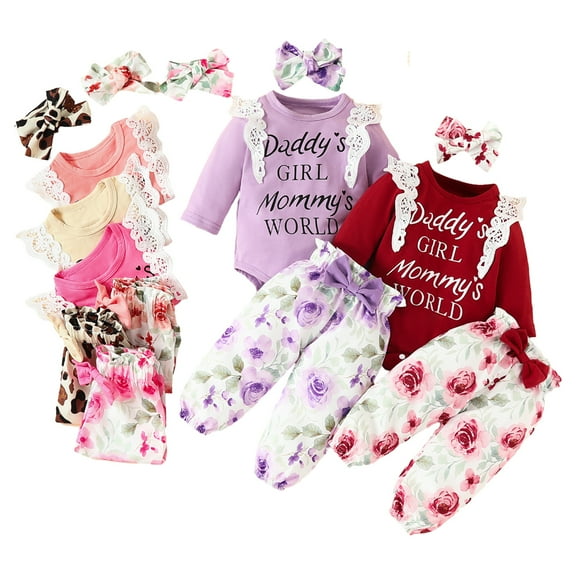 Esaierr 0-2 Years Old Girls Lace Alphabet Print Set,Newborn Baby Long Sleeve Bow Tie One-Piece Romper Sweat Pants