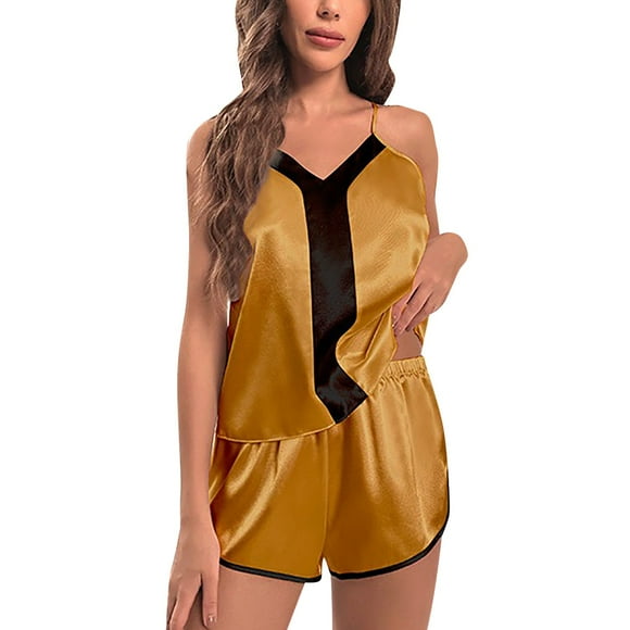 TJAZFJPA Womens Pajama Sets Sexy Satin Pyjama Short Pj Set Straps Sleepshirt and Shorts with Side Slits Single Colour Nightdress Sleepwear Sleeveless Negligee Sleepwear Loungewear