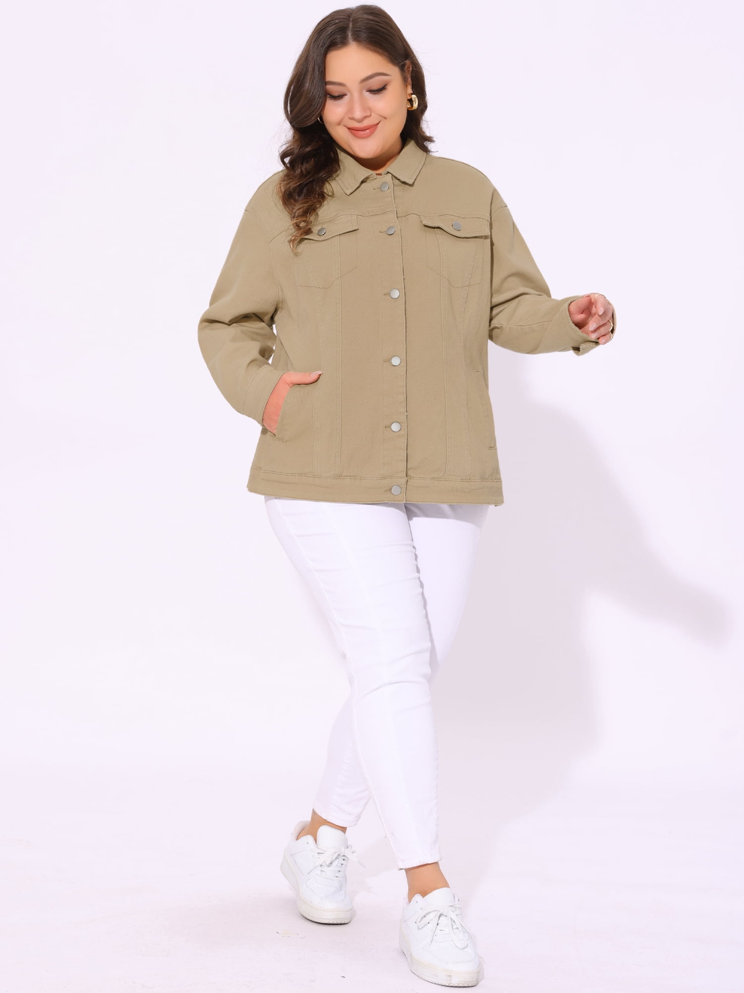 DARING DIVA Women's Plus Size Long Sleeve Button Front Washed Denim Jacket 1X Khaki
