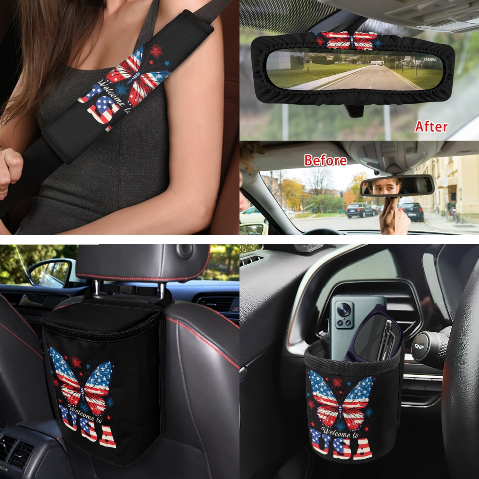 Yuyamidu Butterfly Car Seat Covers Full Set of 15 American Flag Steering Wheel Cover Seat Belt Covers Trash Box Air Vent Pouch Rear View Mirror Cover Auto Coasters Keychain Wristlet Strap