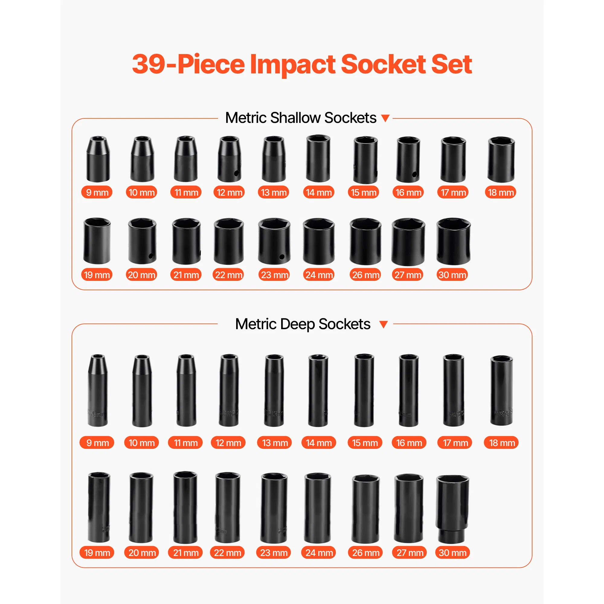 39-Piece 1/2 Inch Drive Impact Socket Set with Metric 9-30mm Deep and Shallow Sockets,Durable Cr-V Steel Construction and Heavy-Duty Case