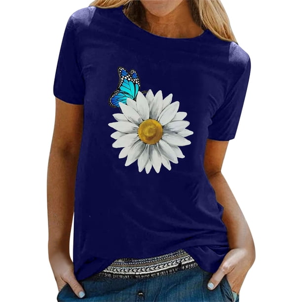 Gibobby Playera de Manga Corta Casual Suave Top informal con estampado Floral para mujer, camiseta manga corta con cuello redondo, camiseta elegante holgada, b(Azul,M)