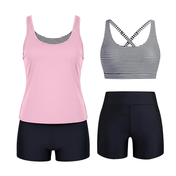 FDGIU 2026 Women's 3 Piece Tankini Swimwear Tummy Control Plus Size Swim Top with High Waisted Boyshorts Bathing Suit Set