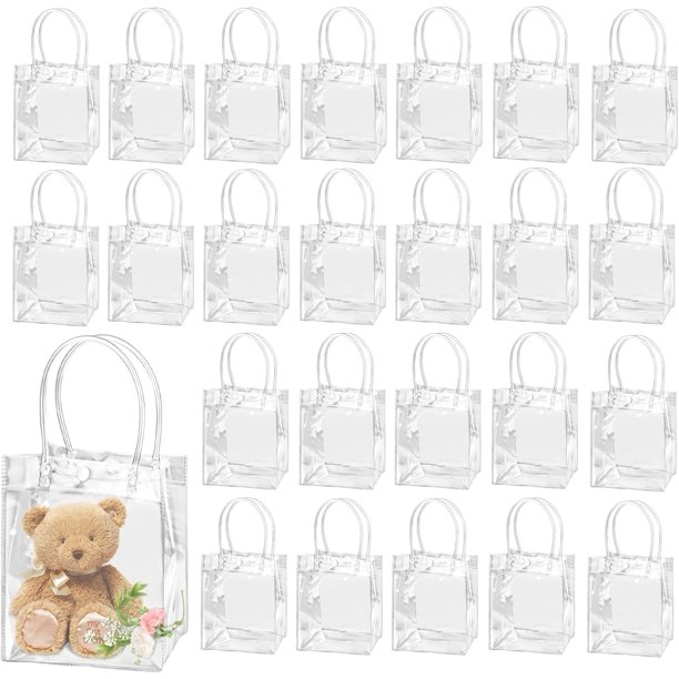 HEKHMU 40PCS Bolsas de Regalo de PVC Transparente con Asas, Bolsas de Compra para Negocio, Bolsas de Plástico Reutilizable Para Bodas, Shower, Cumpleaños, Navideñas Bolsas de Dulces