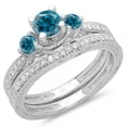 thumbnail image 1 of 1.00 Carat (ctw) 10K White Gold Round Blue & White Diamond Ladies Vintage 3 Stone Bridal Engagement Ring With Matching B, 1 of 1