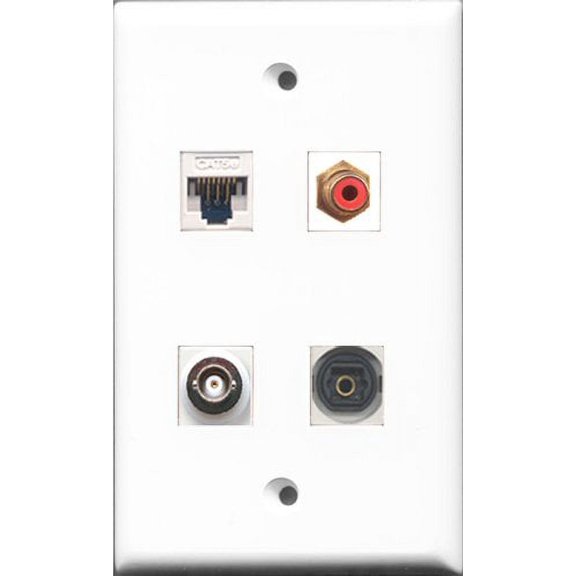 RiteAV 1 Port RCA Red and 1 Port Toslink and 1 Port BNC and 1 Port Cat5e Ethernet White Wall Plate