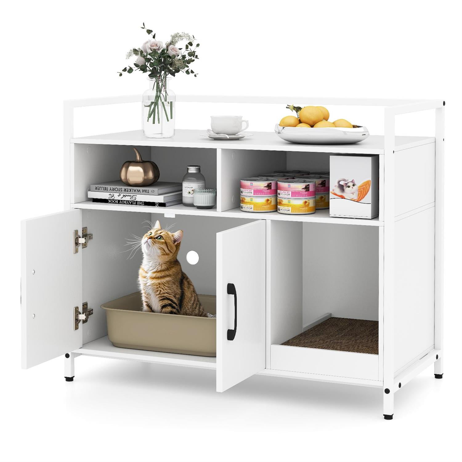 Pefilos Hidden Cat Washroom, Double Doors & Scratch Cardboard, Metal Frame & Adjustable Feet, Off White