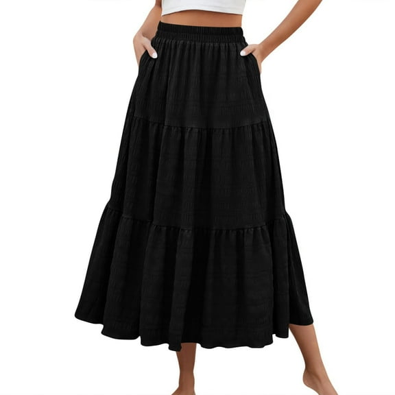 Wutalume Women's Fashion Summer Bohemian Solid Color Elastic Waist A-Line Pocket Half Length Skirt, Casual and Beachwear Style,Black L