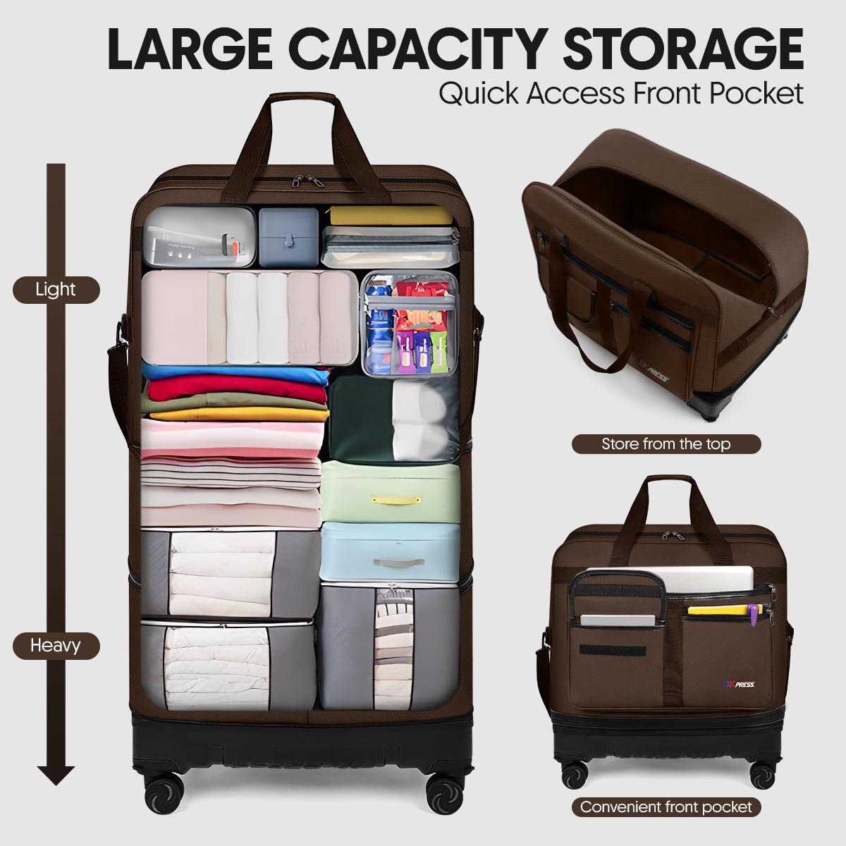 36" Expandable Foldable Suitcase Bag Large Collapsible Rolling Luggage Bag for Storage, Moving & Abroad Travel, Chocolate, JM