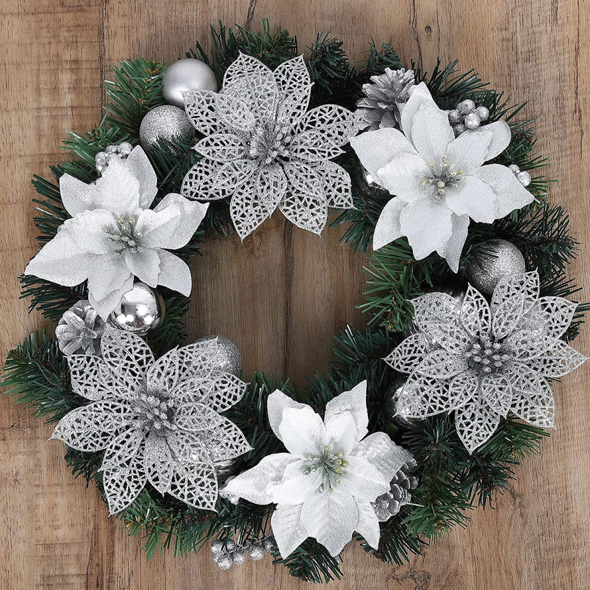  15 Pieces Christmas Artificial Glitter Leaf Decorations 13.4  Inches Christmas Picks Spray Poinsettia Floral Leaf Accessories Winter  Wedding Vase Fillers Christmas Wreath DIY Crafts Decor (White) : Home &  Kitchen