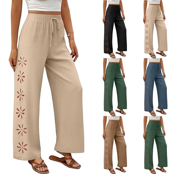 Women's Linen Cotton Blend Loose Straight Leg Pants for Women with Pockets, Mid Elastic Waist Drawstring, Casual Wide Leg Flowy Trousers for Spring Summer, Lightweight Comfy
