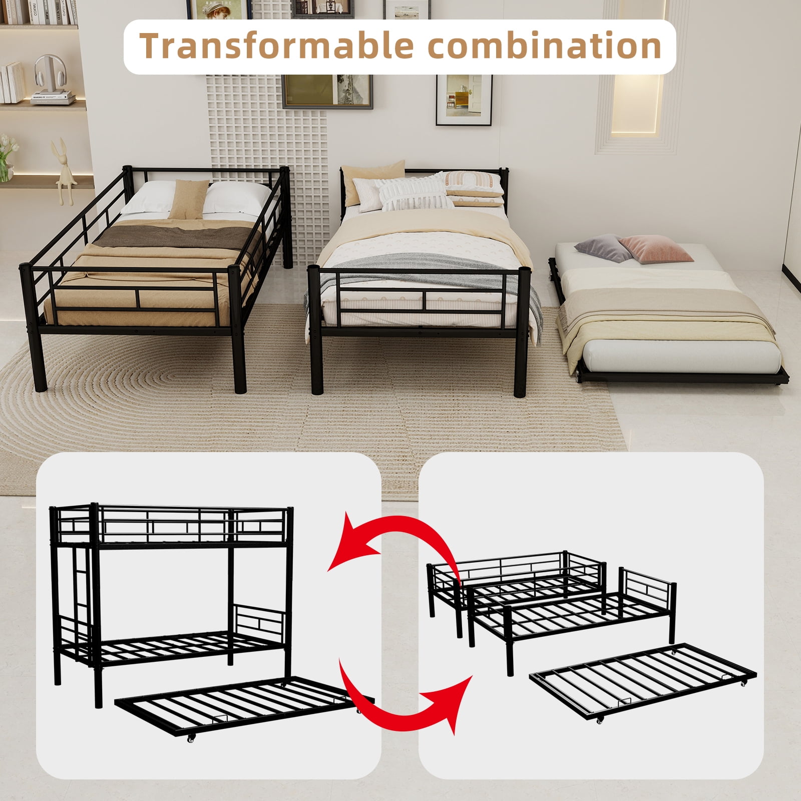 Alvantor Twin Bunk Bed with Trundle for Kids and Teens, Heavy Duty Metal Bed Frame, Triple Bunk Bed with Safety Rail Side Black