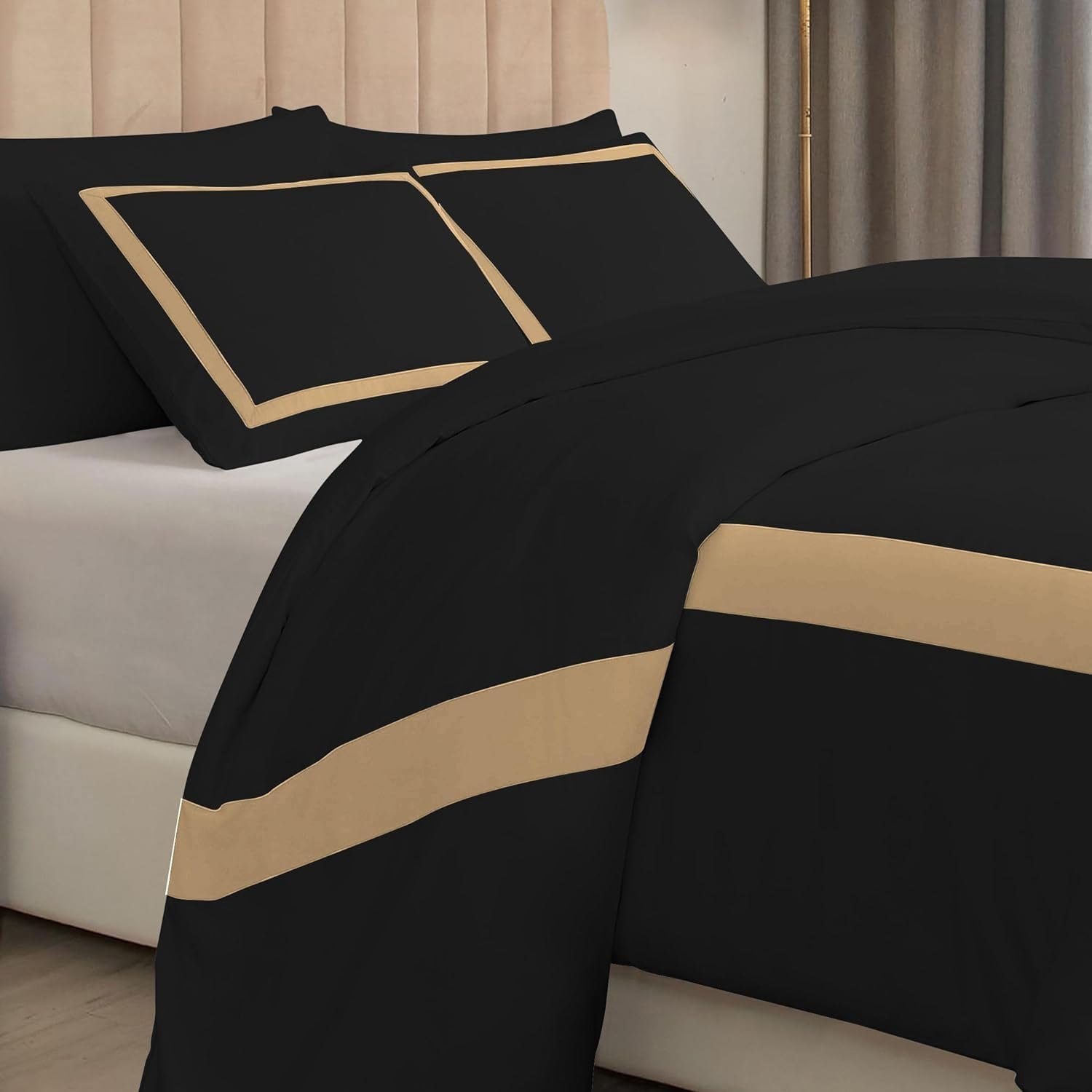 DNG Creations 5 Piece Full Black And Taupe Border Line Pattern Duvet Cover - 100% Egyptian Cotton, 800 Thread Count ( California King )