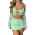 thumbnail image 4 of Mujer conjuntos de falda de verano, manga larga encogimiento de hombros Camisola Hollow Out Tie-Up Sujetador de cintura alta Mini faldas acanaladas. Nituyy Conjunto de falda verde para salir, 4 of 5