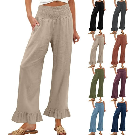 WULMLEO Woman Fashion Ruffle Hem Pant Smocked Elastic High Waist Long Pants for Women Linen Spring Fall Trousers Beige S