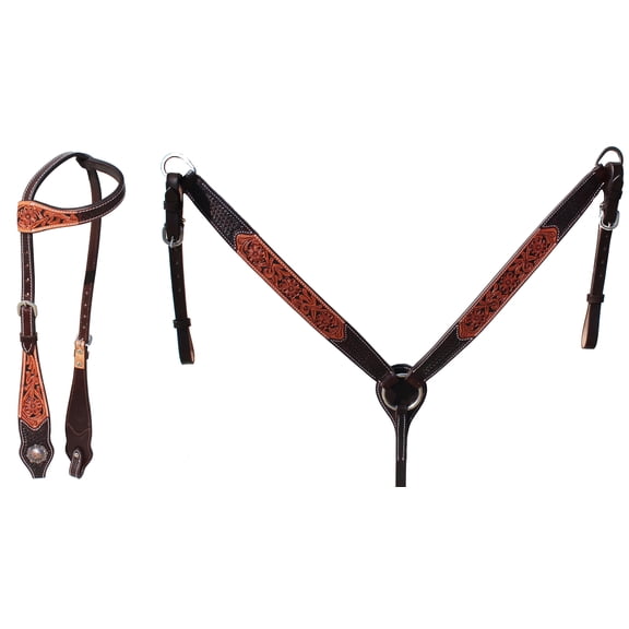 Horse Floral Basket Weave Tooled One Ear Bridle & Breast Collar Set 78FK31A