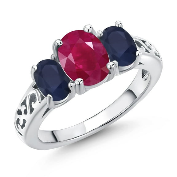 Gem Stone King 925 Sterling Silver Red Ruby and Blue Sapphire Filigree Style 3 Stone Ring for Women (2.71 Cttw, Oval 8X6MM and 6X4MM) (Size 5)