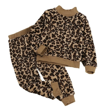 

GWAABD Childrens Clothes Brown Polyester Toddler Kids Baby Girls Long Sleeve Tops Leopard Print Sweatshirt Pant Trousers Outfits Set 2PCS 130