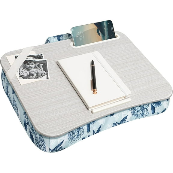 Designer Lap Desk with Phone Holder and Device Ledge - Blue Blossoms - Fits up to 15.6 Inch Laptops
