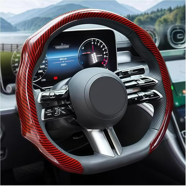 Carbon Fiber Car Steering Wheel Cover, Leather Non-Slip Vehicle Steering Wheel Cover for 14.5-15 Inch, Comfortable Auto Interior Protector Decoration Accessories, Universal Fit