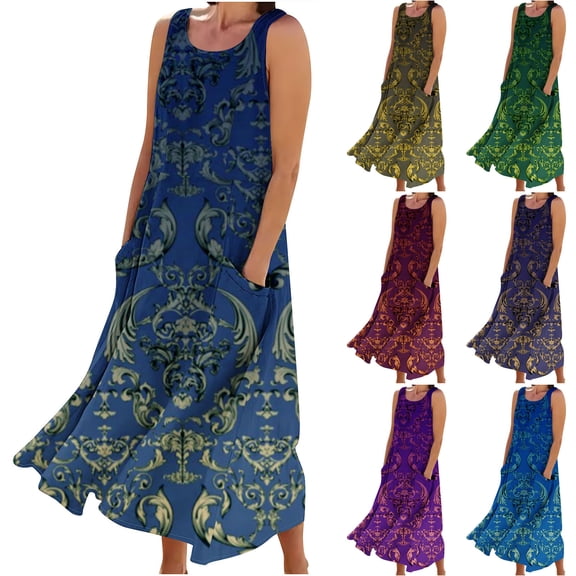 YuXingFu Plus Size Dresses for Curvy Women Maxi Crew Neck Plus Size Womens Dress Sleeveless with Pocket Long Casual Summer Blue S