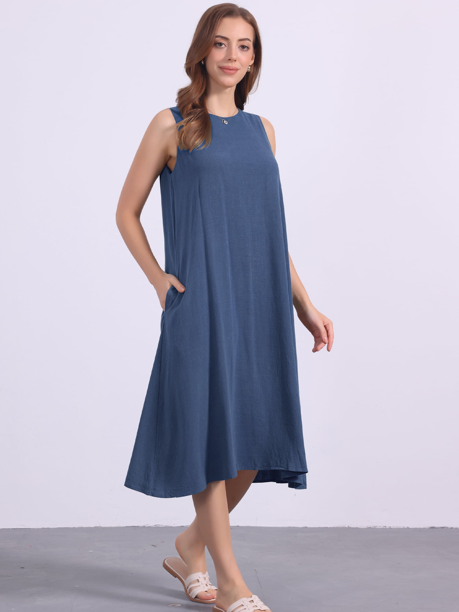 DARING DIVA Linen Sleeveless Dress Small Navy