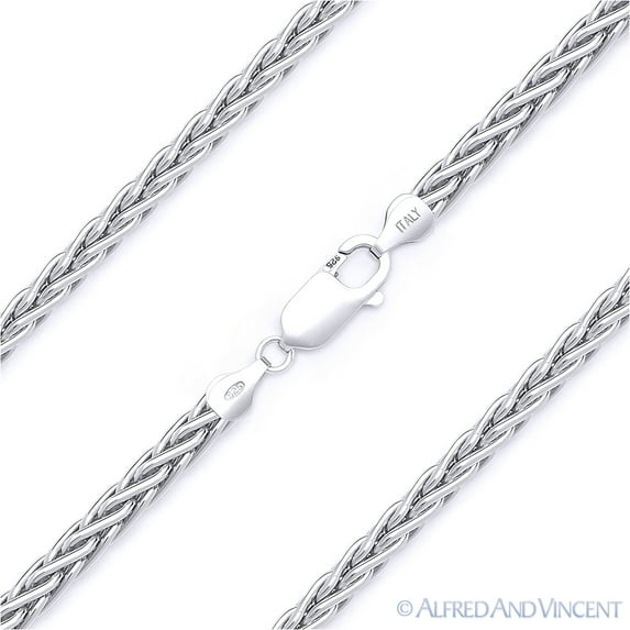 2.2mm Wheat / Spiga Link Italian Chain Necklace in Solid .925 Sterling Silver w/ Rhodium