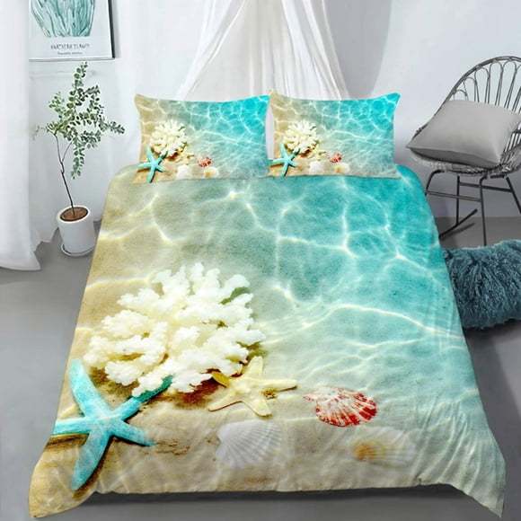 Ocean Themed Duvet Cover Set, Beach Theme Kids' Bedding Sets & Collections Queen Size,Superior Coastal Comforter Cover,Teen Boys Girls Childrens Bed Sets,Blue Bedroom Decor,Microfiber Fabric