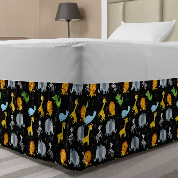 Animal Bed Skirt, Nursery Themed Cartoon of Elephant Lion Giraffe Whale Zebra Gator on Dark, Elastic Bedskirt Dust Ruffle Wrap Around for Bedding Decor, 4 Sizes, Charcoal Grey White, by Ambesonne