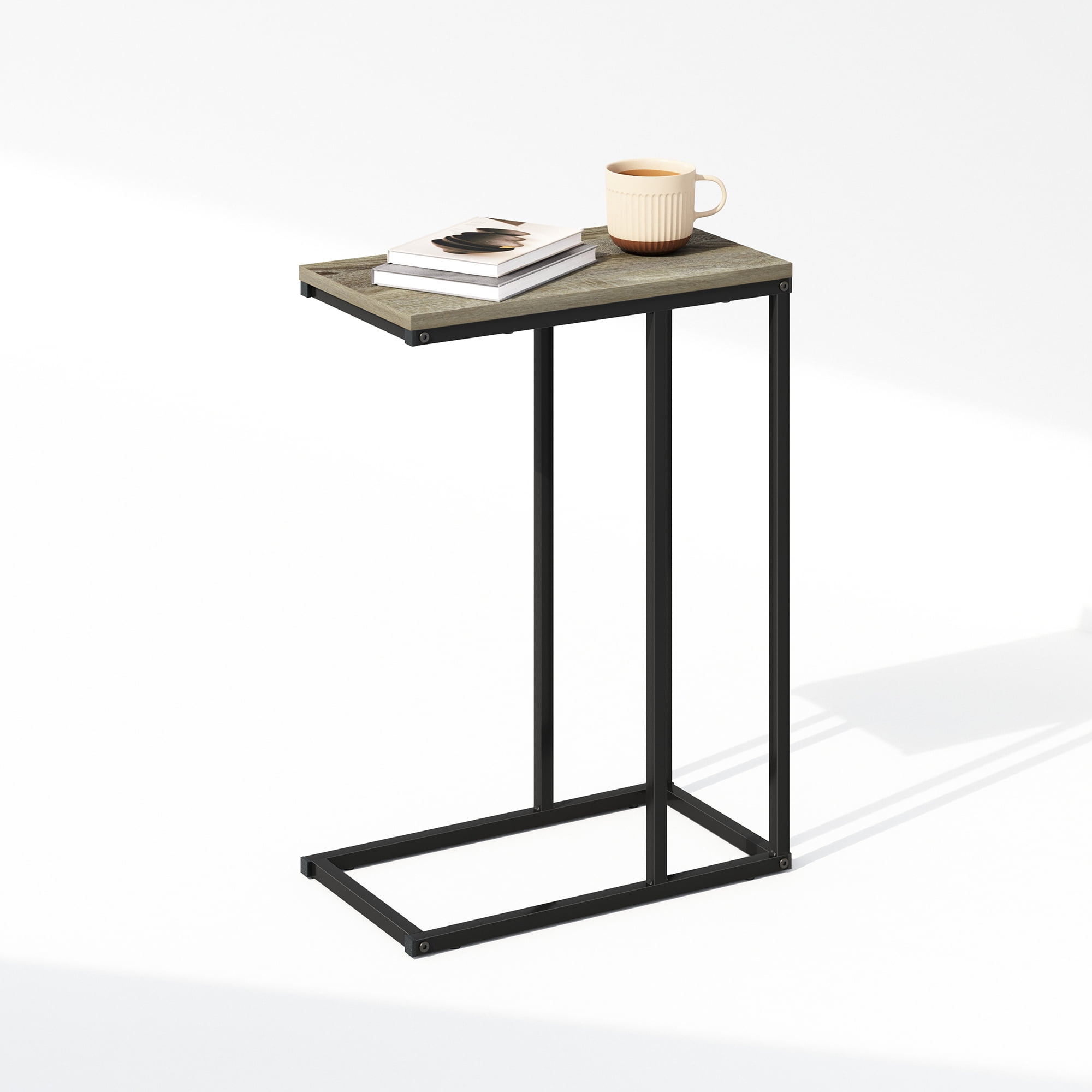 Furinno C-Shaped Side Table, End Table for Couch, Sofa & Bed with Metal Frame, French Oak Grey