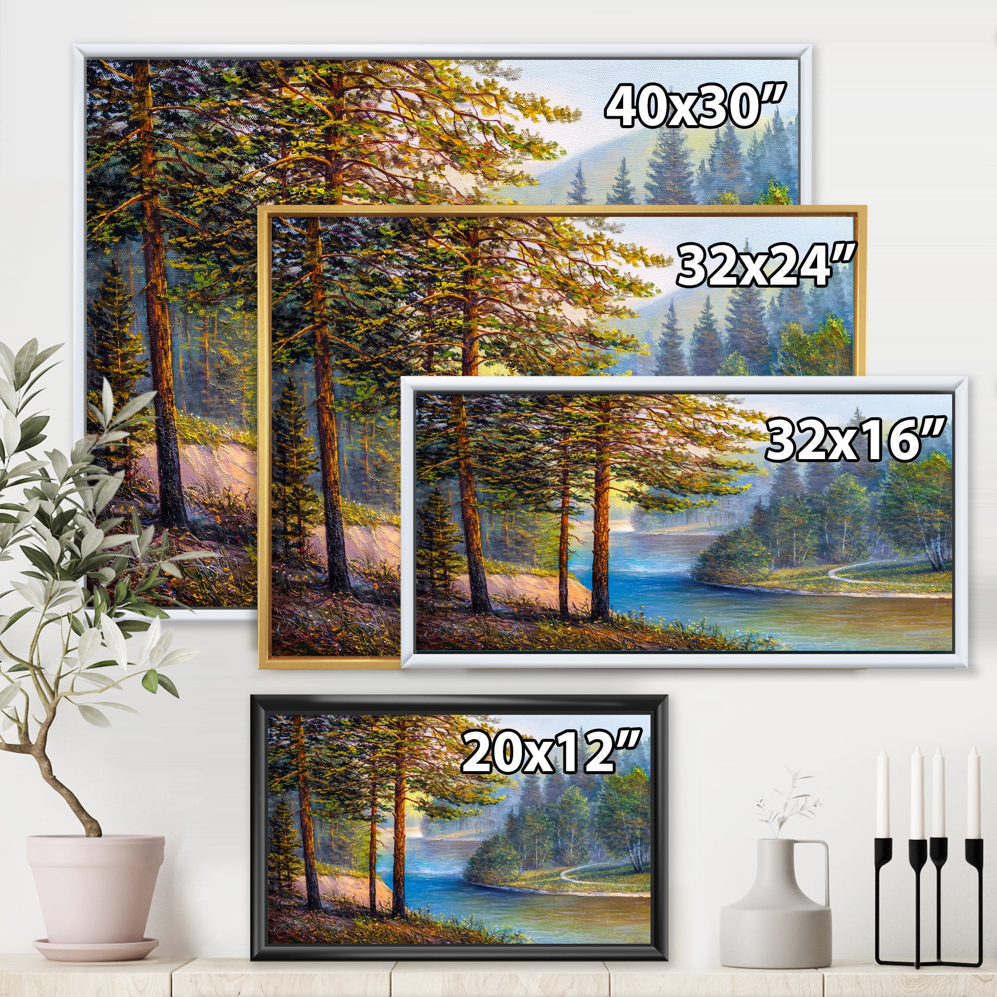 Designart 'Sunrise Glow Through The Pine & Fir Forest' Lake House Framed Canvas Wall Art Print