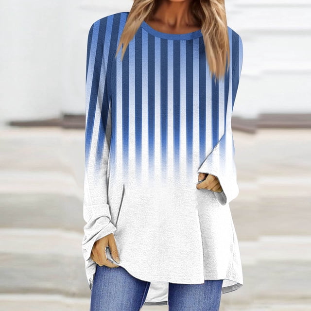 Styesk Chandails à Manches Longues pour Femmes Grande Taille Tendance Chemise Rayée Ample Col Rond Chandail Tunique Hauts Décontractés Dégradé Doux Léger Chandail