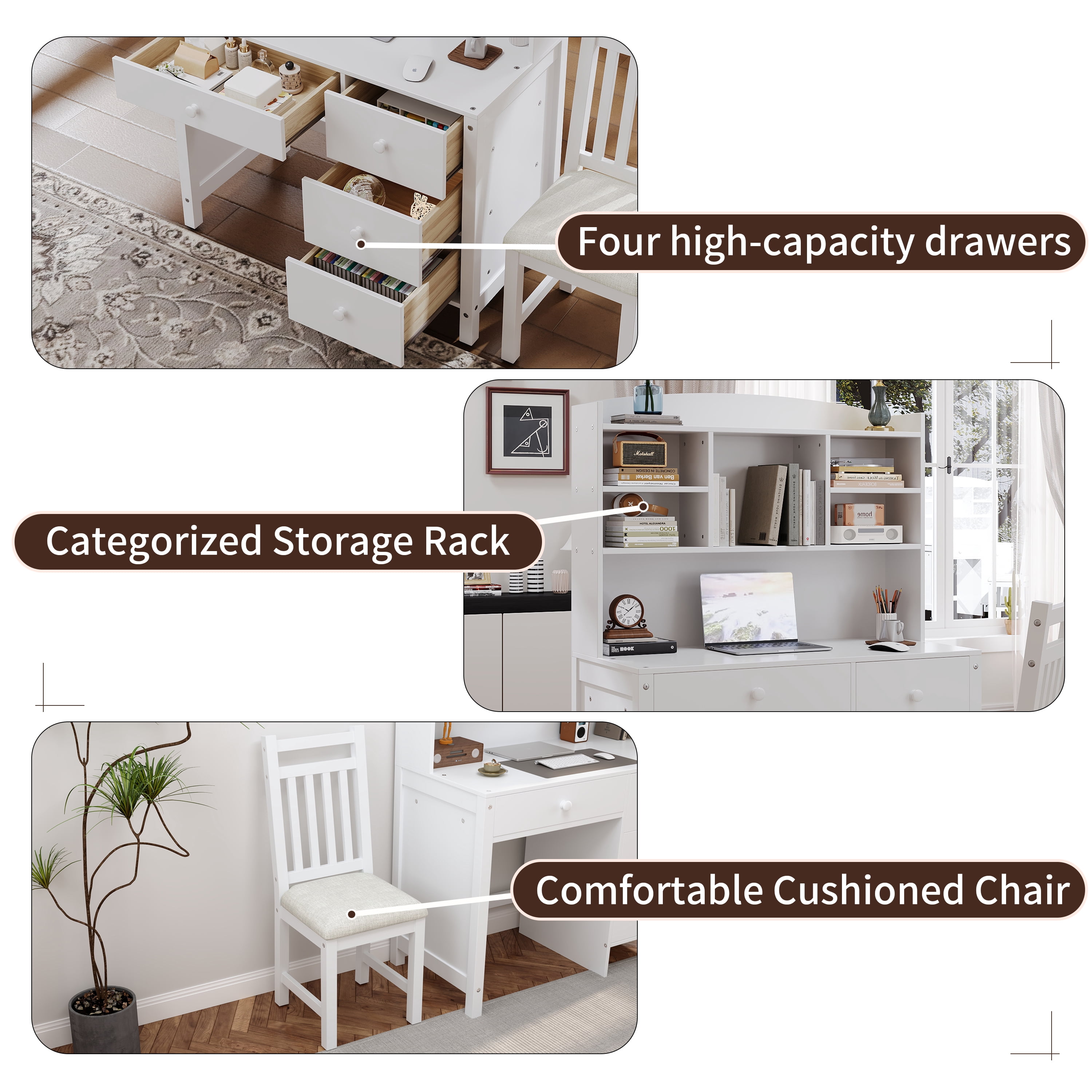 Aukfa 40" Home Office Computer Desk with Hutch, Executive Desk & Upholstered Chair Set with Bookshelf for Study/Bedroom, White