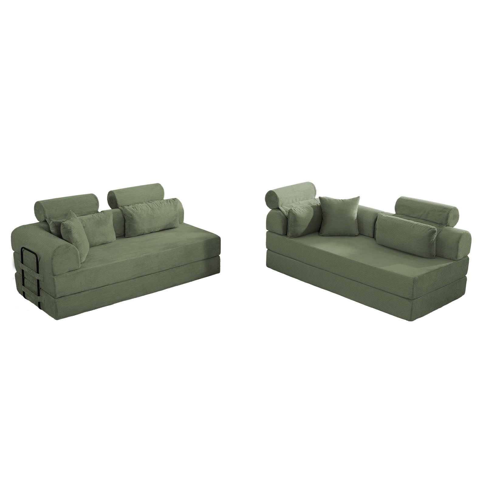 L-Shaped Sectional Sofa Converts to Bed, Corduroy Chaise Lounge with 28D High-Density Foam, No Assembly Compressed Couch for Apartments and Studios, Grayish Green