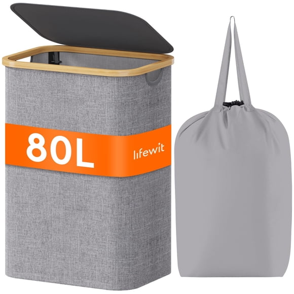Cesto de ropa Lifewit de 80 litros con tapa, asas de bambú, color gris claro