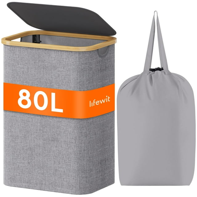 Cesto de ropa Lifewit de 80 litros con tapa, asas de bambú, color gris claro