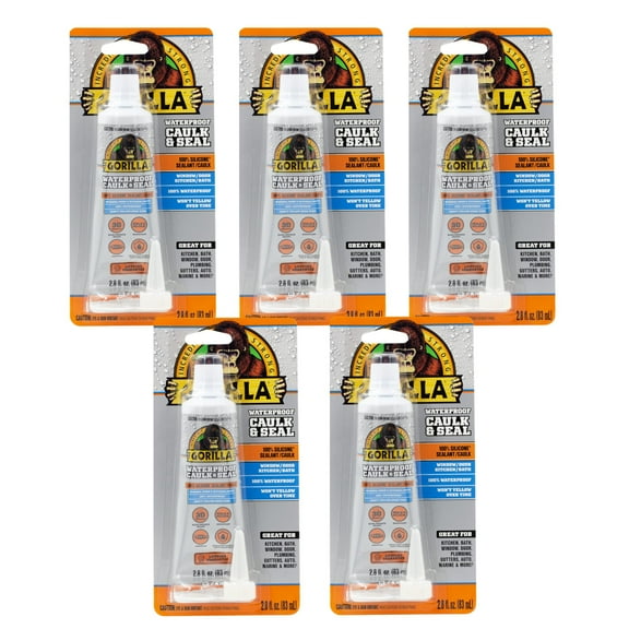 Gorilla Silicone Caulk & Sealant Squeeze Tube - Waterproof - 5 Pack, 2.8 oz, Clear