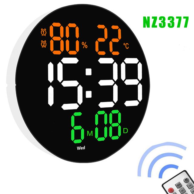 Reloj de pared LED con control remoto con alarmas duales, calendario y pantalla de temperatura para decoración del hogar. Brillo ajustable