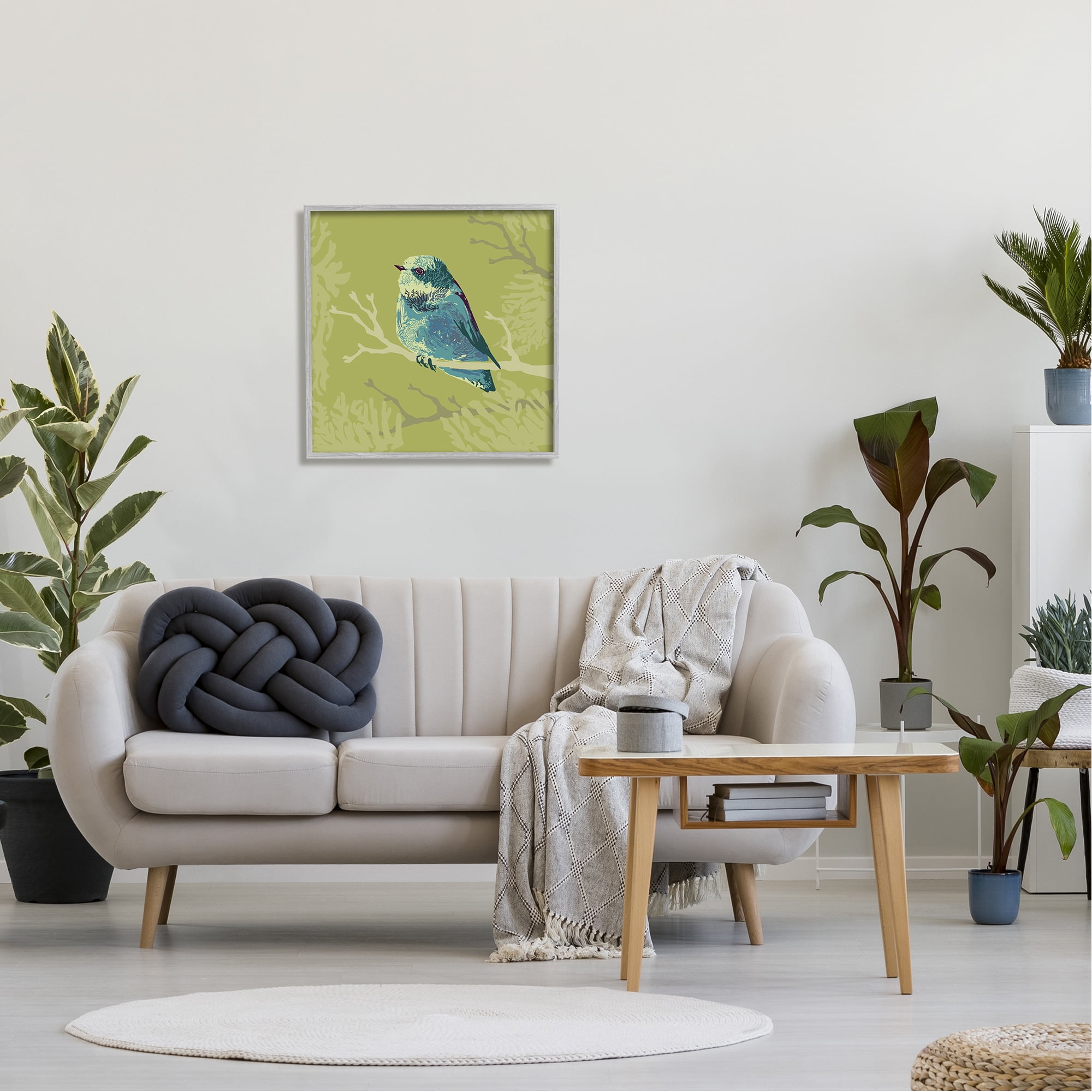 Stupell Industries Small Blue Bird Perched Modern Layered Botanicals Graphic Art Gray Framed Art Print Wall Art, Design by Verbrugge Watercolor