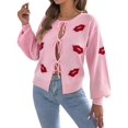 thumbnail image 2 of Women Jacquard Pattern Crew Neck Front Self Tie Cutout Lantern Long Sleeve Loose Knit Sweater Pink XL, 2 of 9