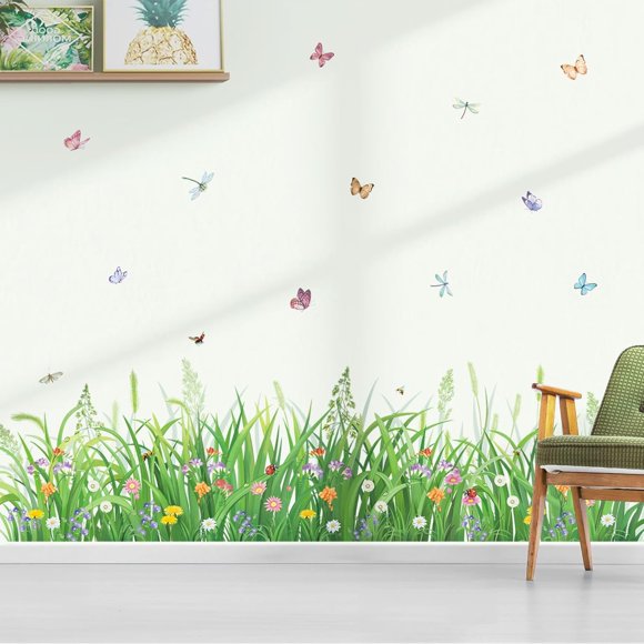 Autocollants Coin Mural Plante Verte Herbe Fleurs Papillons Plinthes Ligne de Jupe Autocollants Muraux Chambre Bébé Salon Chambre Décoration Murale