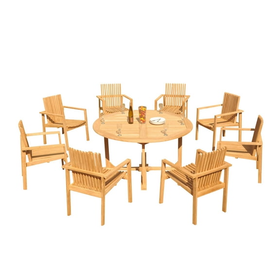 Grade-A Teak Dining Set: 8 Seater 9 Pc: 60" Round Table And 8 Clipper Stacking Arm Chairs Outdoor Patio WholesaleTeak #51CP1209