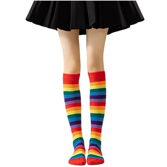 VONCOS Red Rainbow Womens Knee High Cotton Socks - Striped Soft Socks for Pride Festival Casual Outfit,Size Free Size